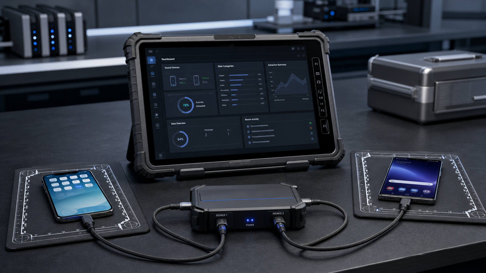 Tablet forense y dispositivos móviles realistas en un laboratorio especializado