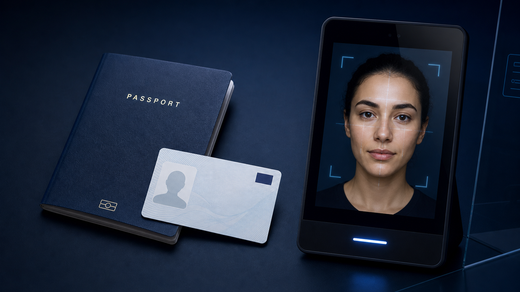 Pasaporte y documento de identidad ficticios y sin datos junto a un escaneo biométrico facial